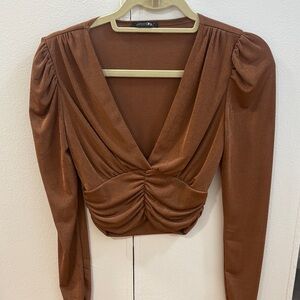 Papermoon Long Sleeve Blouse in Shimmery Rust/Bronze with Deep Neck
